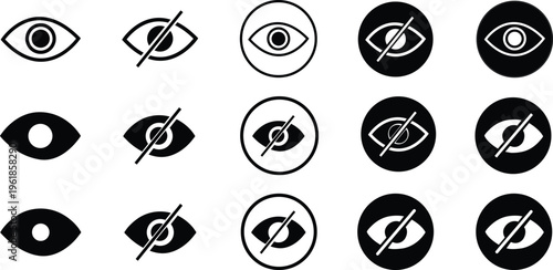 A collection of black and white eye icons and their variations.