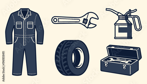 Mechanic garage tools and workwear equipment icon set