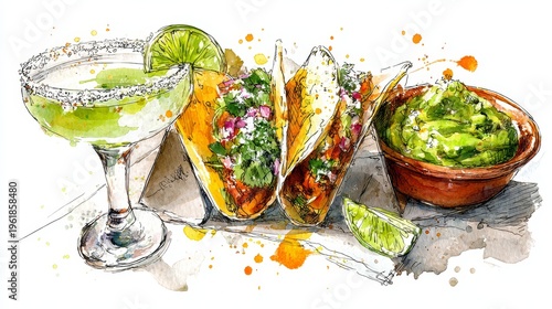 Watercolor illustration of Mexican tacos with guacamole, nachos and margarita cocktail with lime