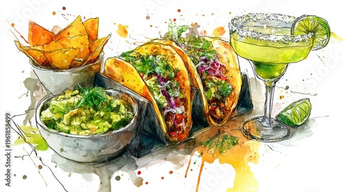 Watercolor illustration of Mexican tacos with guacamole, nachos and margarita cocktail with lime