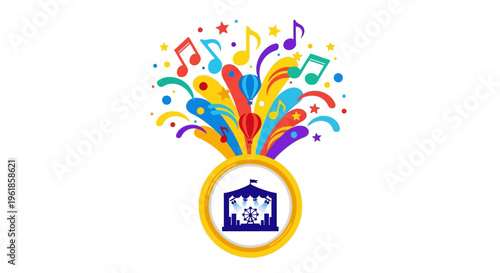Colorful Explosion of Music Notes and Stars From a Circus Tent Ring