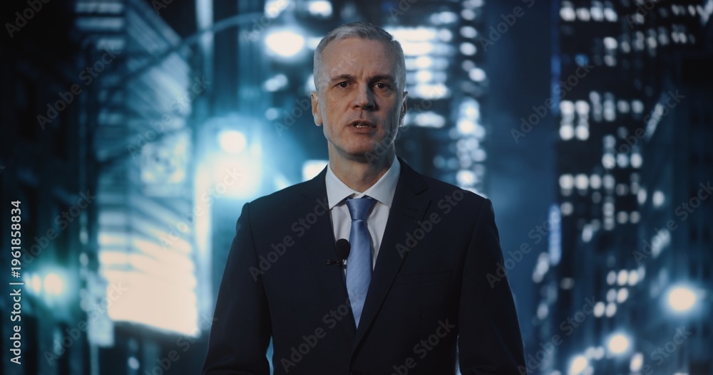 Fototapeta premium Professional Grey Haired Male Reporter In Dark Business Suit and Blue Tie Stands on City Street at Night, Speaking Into Microphone. Breaking News Concept, on Scene Reporting With Bokeh Lights.