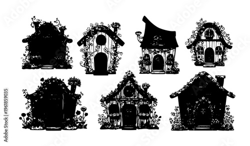 Whimsical Wooden Houses Floral Vine Cottage Vector Collection