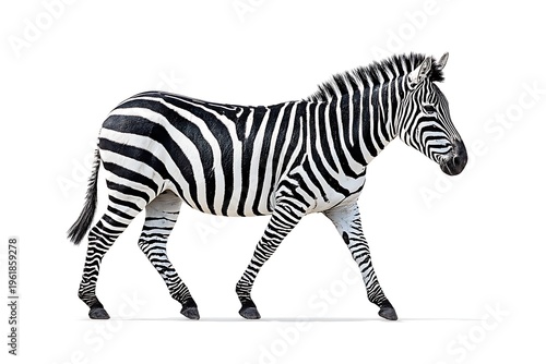 Side view of a zebra walking isolated on white background, wildlife animal clip art
