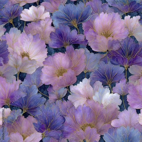 Luxury pastel floral wallpaper design with refined watercolor details in soft purple and blue tones, creating elegant and calming atmosphere with delicate golden accents