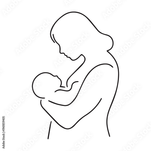 Minimalist Black and White Line Art of a Mother Breastfeeding Her Newborn Baby