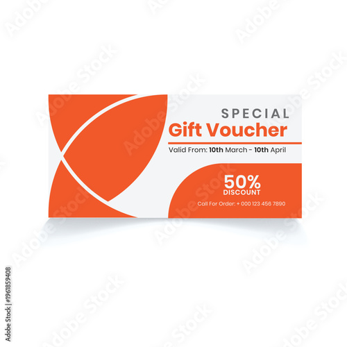 A minimalist restaurant gift voucher template featuring a bold fifty percent discount offer design