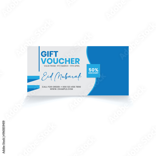 A minimalist restaurant gift voucher template featuring a bold fifty percent discount offer design