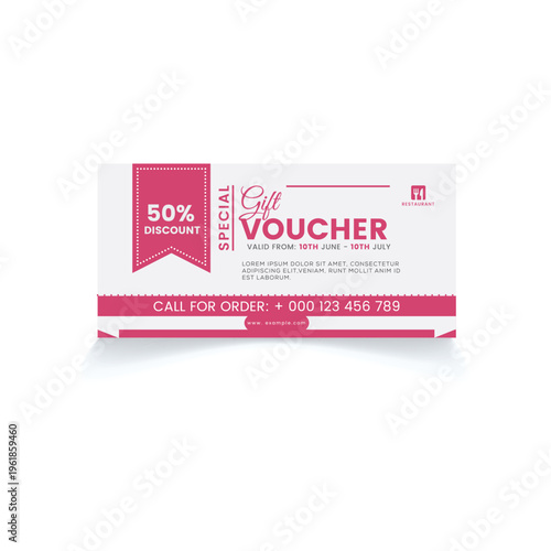 A minimalist restaurant gift voucher template featuring a bold fifty percent discount offer design