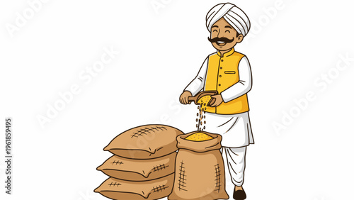 Indian farmer pouring grain into wheat sacks illustration