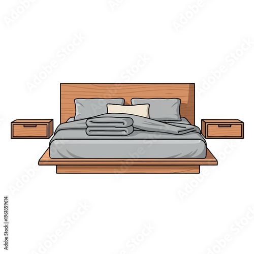 Flat lay illustration of a neatly made bed with folded blankets and pillows against a plain white background.