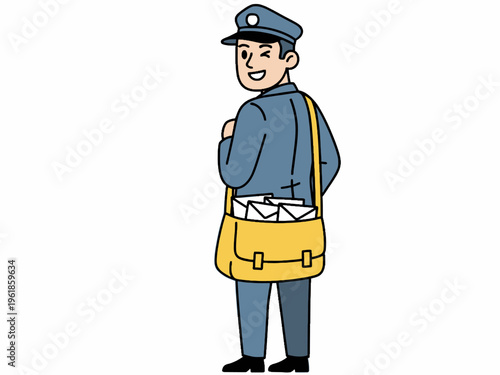 Postman in Uniform Carrying Bag with Envelopes Cartoon Illustration
