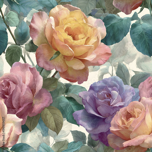 Soft pastel rose pattern with delicate watercolor details, featuring blooming flowers in shades of yellow, pink, and purple surrounded by lush green leaves, evoking refined and elegant mood