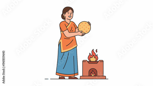 Indian Woman Cooking Roti on Traditional Clay Stove Illustration