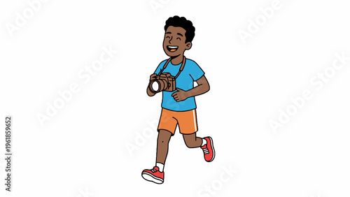 African American boy running with DSLR camera on white background