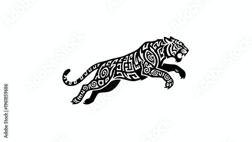 Tribal Tiger Silhouette Jumping Illustration on White Background