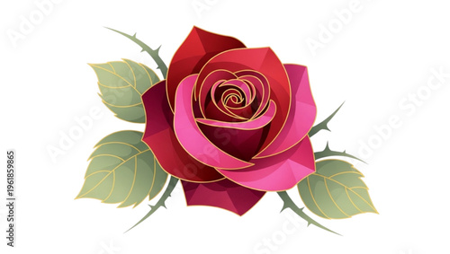 Low poly style illustration of a red rose with green leaves and thorns