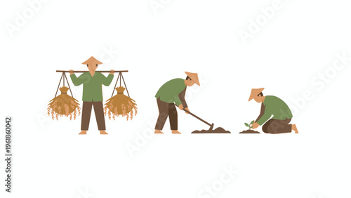Traditional Asian farmers harvesting and planting rice illustration