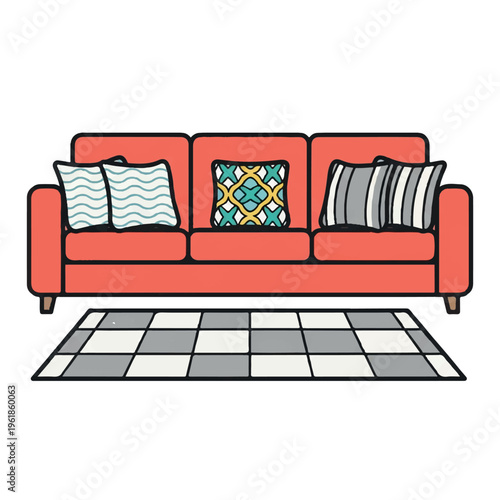 Illustration of a red couch with patterned throw pillows on a checkered rug against a white background.