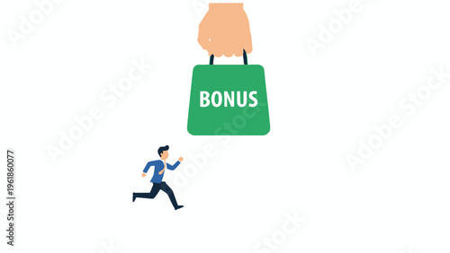 Businessman running to reach a green bonus bag held by hand