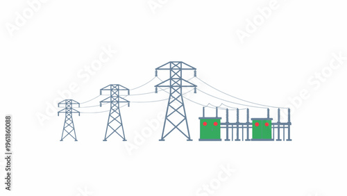 High voltage electricity pylons and substation grid vector