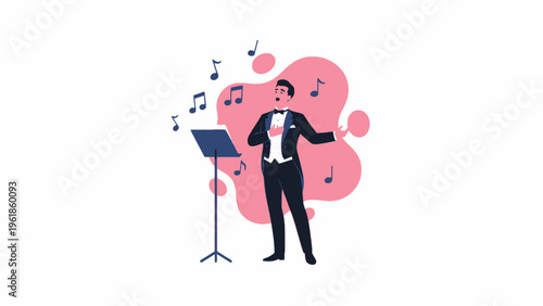 Opera singer performing on stage with music stand and notes