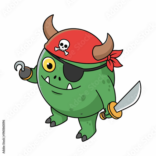 Green Pirate Monster with Hook Hand and Sword Illustration