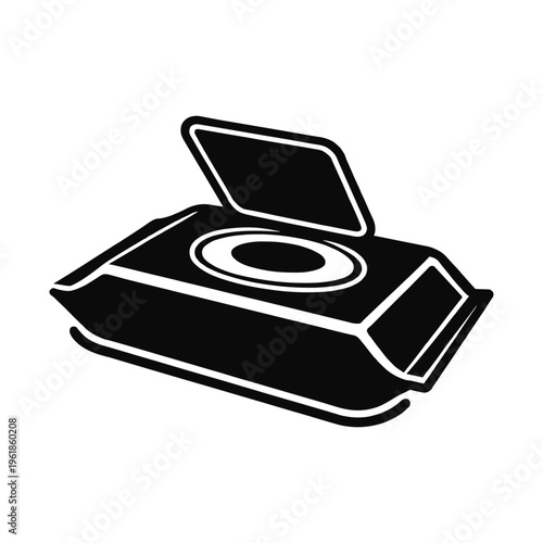 Black and white illustration of an open CD player with a disc