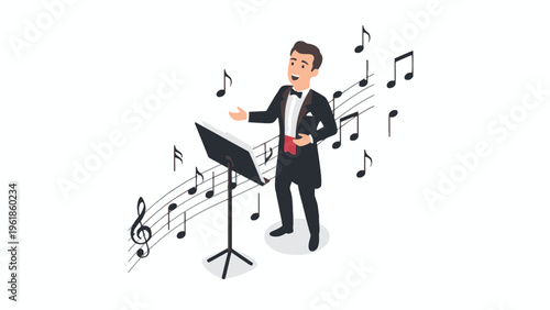Opera Singer in Tuxedo Performing with Music Stand and Notes