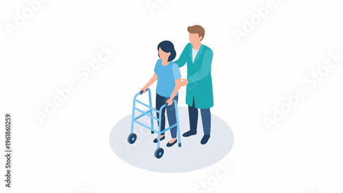 Doctor helping female patient with walker for rehabilitation