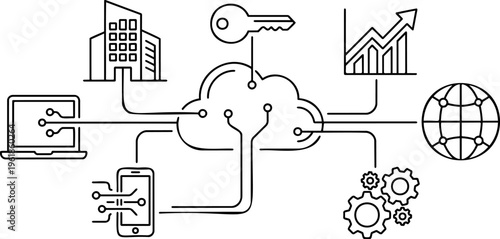 Line art vector of cloud computing network and connected business devices