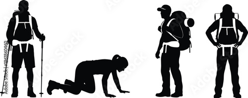 Silhouette illustration of a group of hikers and adventurers with backpacks and trekking poles, exploring nature and hiking on a plain white isolated background.