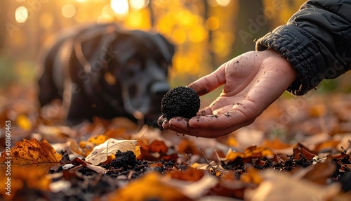 Hand holding a freshly harvested black truffle in an autumn forest with a black dog sitting blurred in the background
