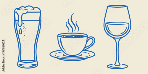 Illustration of beer coffee and wine glasses