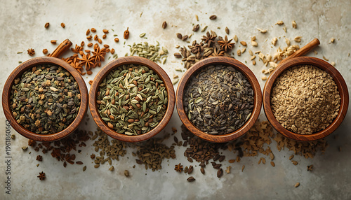 Different spices in bowls on grey background, top view. Dry herbs