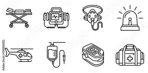 Medical emergency and first aid line icons representing essential equipment for health, healthcare, and treatment, including ambulance supplies, resuscitation, and patient care