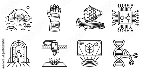 Line icons depicting future technologies and scientific innovation — space exploration, quantum computing, robotics, gene editing, holographic and ar interfaces for research and industry