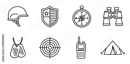 Military equipment and tactical gear line art icons set. Including helmet. Shield. Compass. Binoculars. Dog tags. Target. Walkie-talkie. And tent