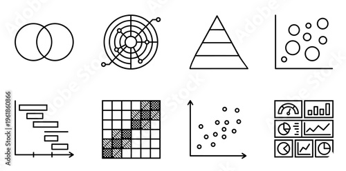 Outline chart icon set for data visualization featuring venns, radar, pyramid, bubble, gantt, scatter and dashboard elements for analytics, reporting and business insight visualization