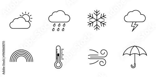 Weather forecast icons set illustrating various meteorological conditions including sun, cloud, rain, snow, storm, rainbow, thermometer, wind and umbrella