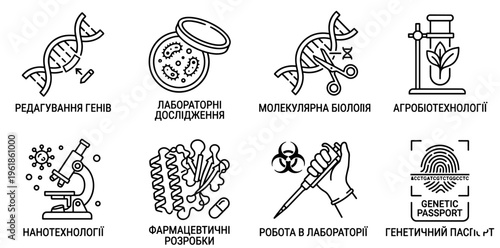 Modern science and biotechnology icons set with gene editing, molecular biology, lab research, nanotechnology, pharmaceutical development, and genetic passport concepts