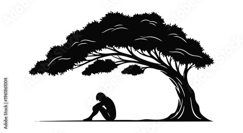 Solitary figure finds peace beneath the expansive branches of a large tree