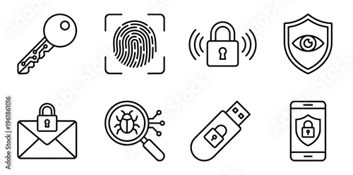 Cybersecurity and data protection icons representing digital security, personal privacy, secure communication, biometric authentication, and threat detection