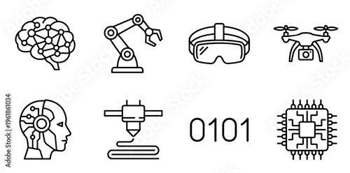 Modern line icon set depicting ai, automation, vr/ar, drones, cybernetics, 3d printing, binary code and microchip processing to symbolize digital transformation and tech progress