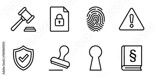 Outline icon set depicting law, justice, security and investigation: gavel, confidential document, fingerprint, law book and related symbols in flat vector on white background