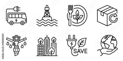 Outline icons representing various aspects of sustainability and ecological practices. Showing electric vehicles. Green energy. Water conservation. Sustainable cities. Organic food. Recycling
