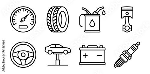 Automotive service and maintenance icons featuring car repair, engine parts, vehicle diagnostics, wheel, steering, fuel, battery, and spark plug symbols