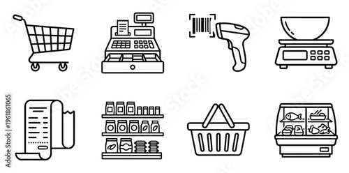 Shopping experience icons set featuring grocery cart, cash register, barcode scanner, weighing scale, receipt, canned goods shelf, shopping basket, and fresh food display