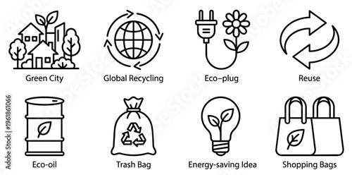 Ecology icons displaying sustainable living, green energy, global recycling, waste management, eco-friendly shopping, and energy-saving ideas for environmental conservation