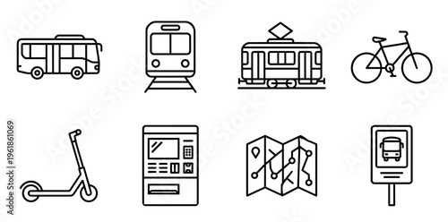 Public transportation modes and city mobility icons, showing bus, train, tram, bicycle, scooter, ticket machine, folded map, and bus stop sign, representing urban travel and transit services